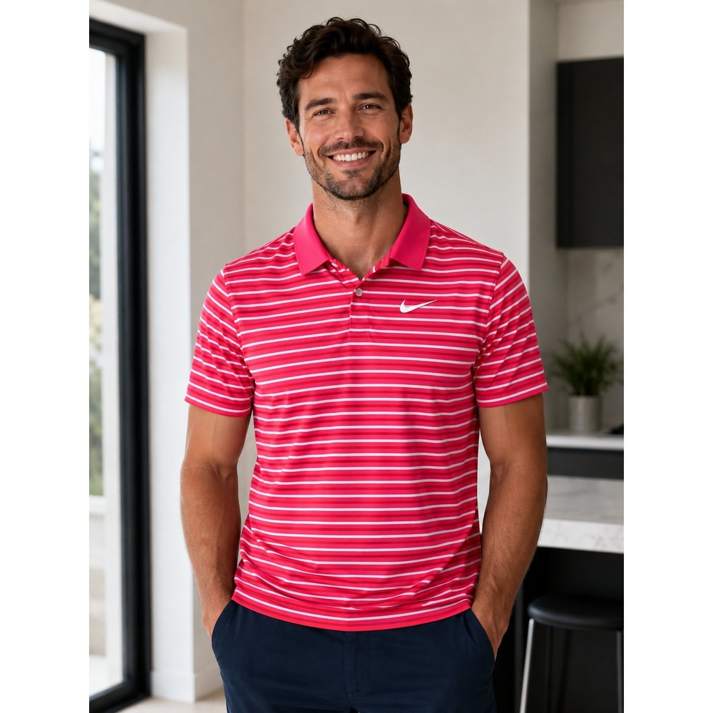 Nike Golf Dri-FIT Polo Shirt Mens XL Pink White Striped Short Slv Standard Fit
